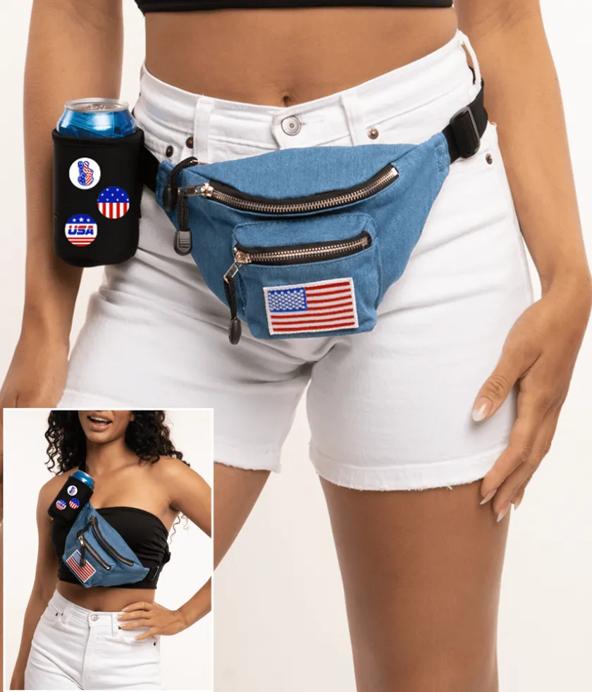 Tipsy Elves Blue Jean Buckle Fanny Pack with Drink Holder New