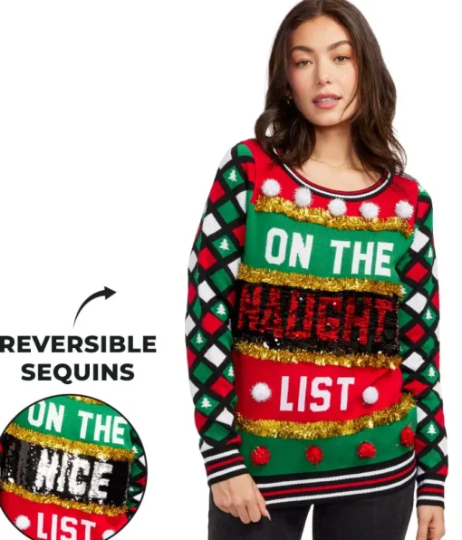 Tipsy Elves Women's Naughty or Nice Reversible Sequin Ugly Christmas Sweater Best